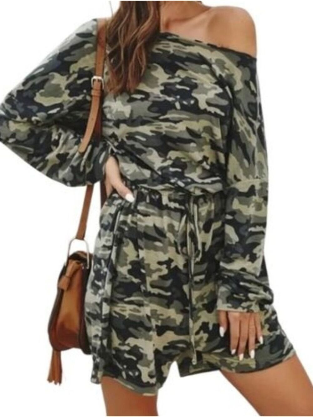 C+D+M Collection Camo Print Off Shoulder Drawstring Romper Playsuit Size SM NWT